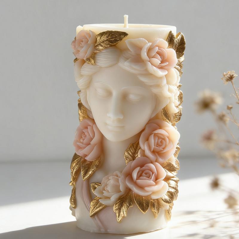 [Y]DIY Rose Flowers Relief Girl Portrait Cylinder Mold Handmade Aroma Candle Plaster Resin Silicone Mould Home Decor Craft Molds