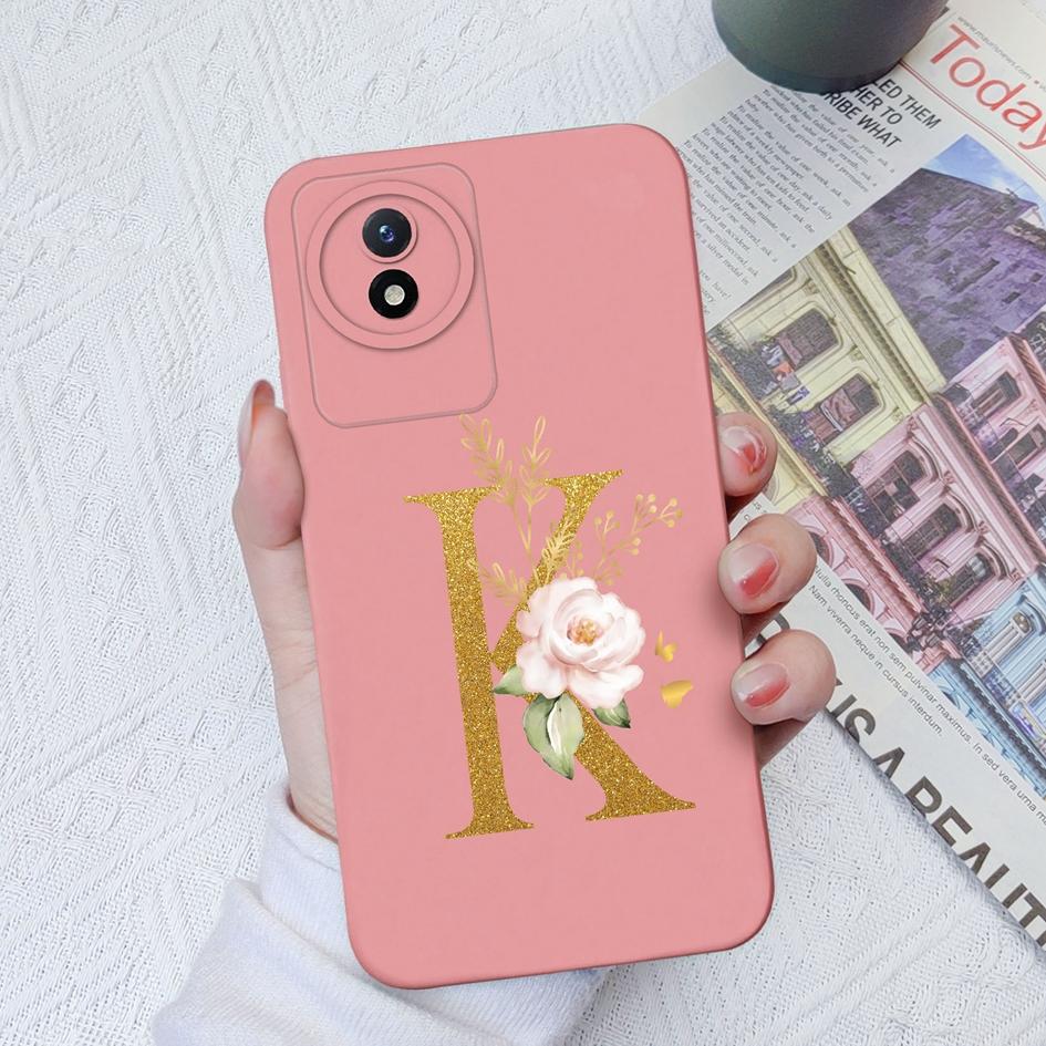 Telefon Fall Für Vivo Y02S Y11 Y12 Y15 Y16 Y17 Y19 Y20 Y21 Y30 4G 5G Luxus Schutzhülle flüssigkeit Weiche Silikon Blume Buchstaben Fundas Für Vivo Stoßstange Coque