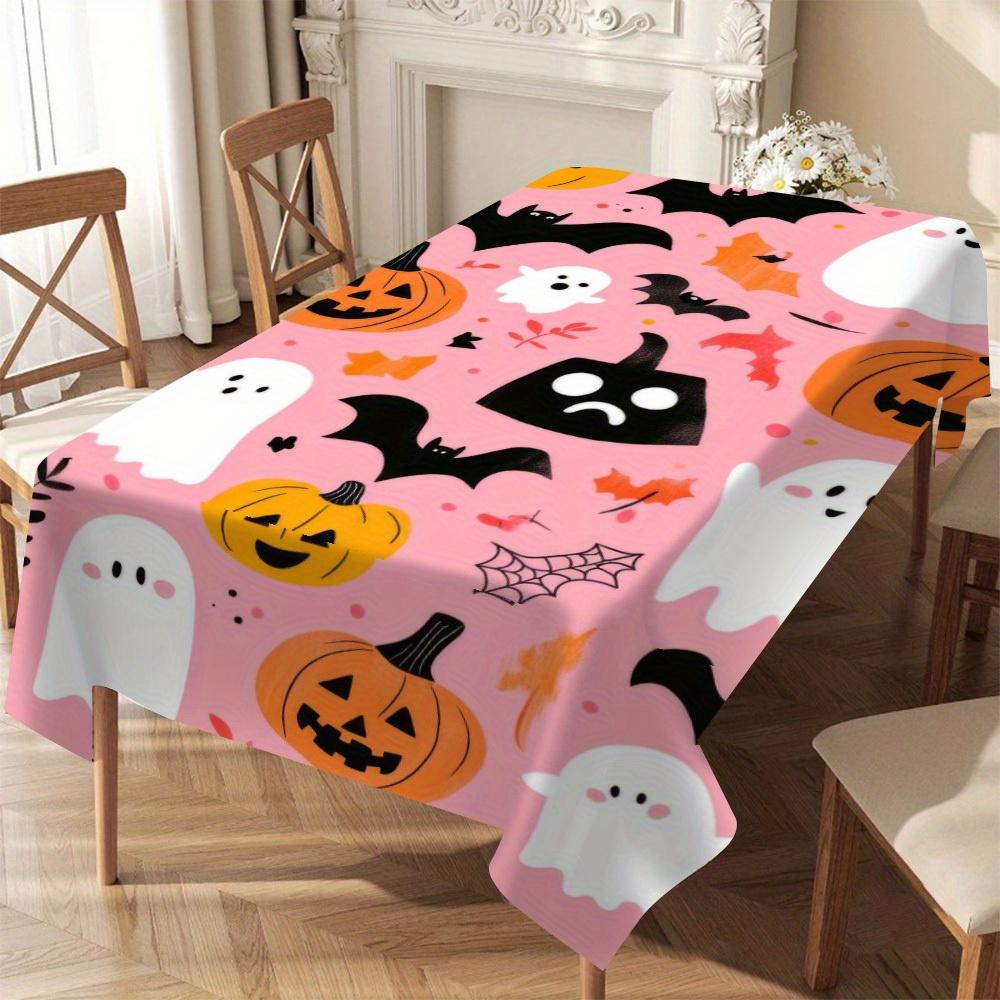 Halloween Rectangle Table Cloth Pink Base Ghost Pumpkin Bat Spider Web Table Cover for Halloween Dining Table Theme Party Decor