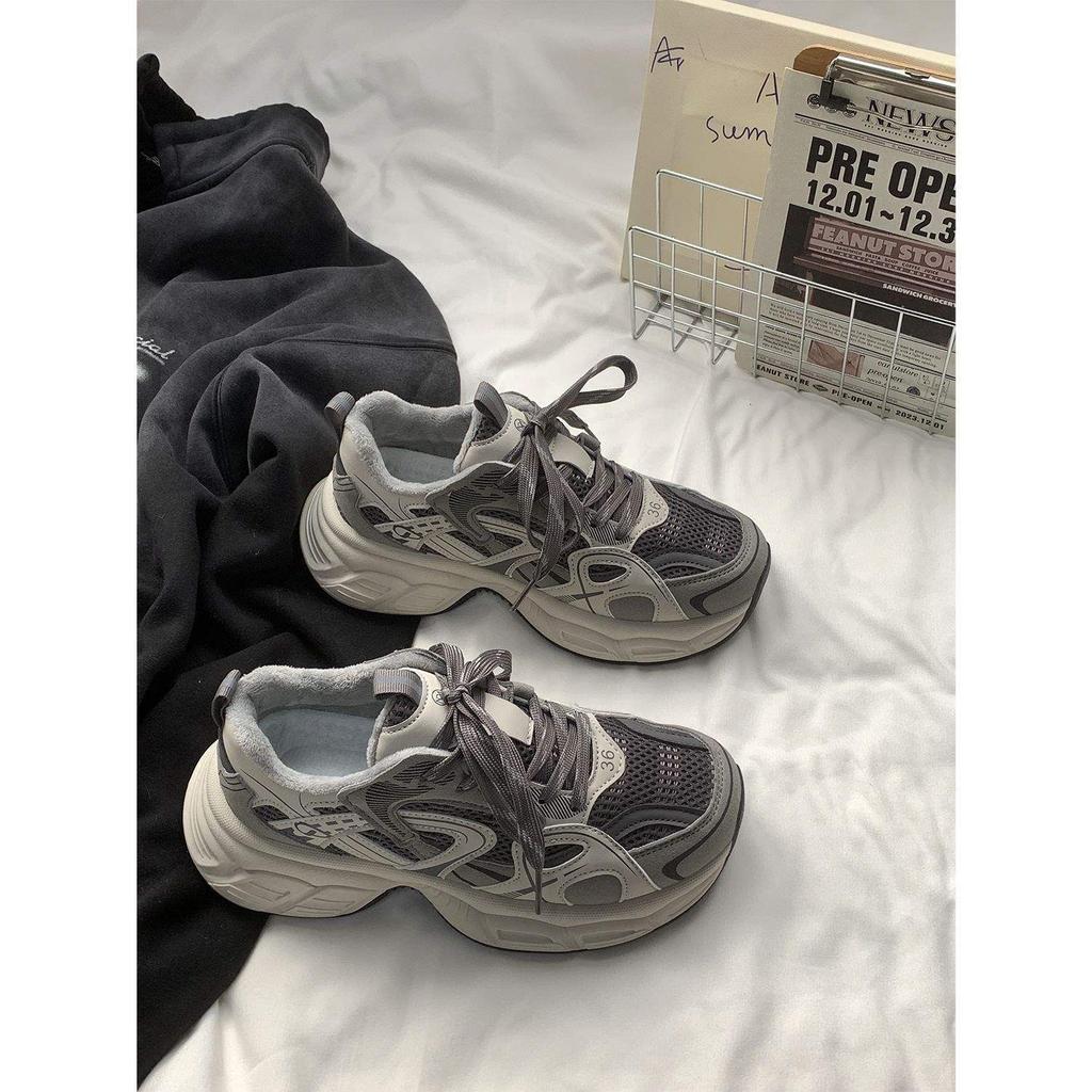 Cement gray low-top trend velvet leisure college thick-soled heightening fashion youth lace-up Hong Kong style warm dad shoes