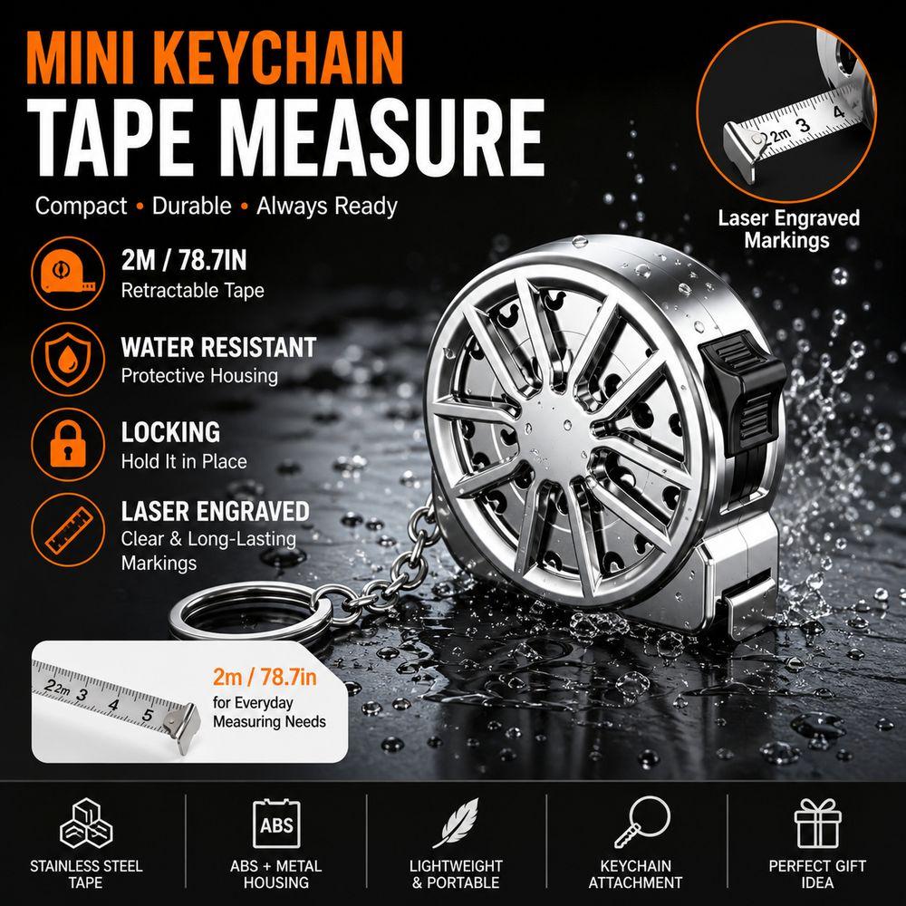 2M Keychain Tape Measure Laser Engraved Markings Stainless Steel Tape Hardware Accessories