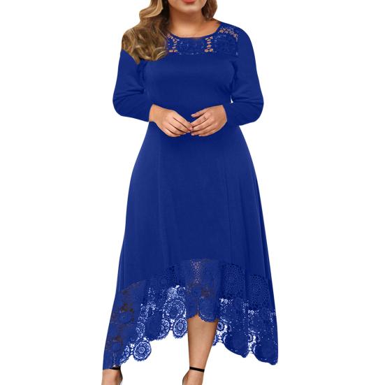 Women Dress Round Neck Long Sleeves Mid-Waist Irregular Hem Lace Stitching Elegant