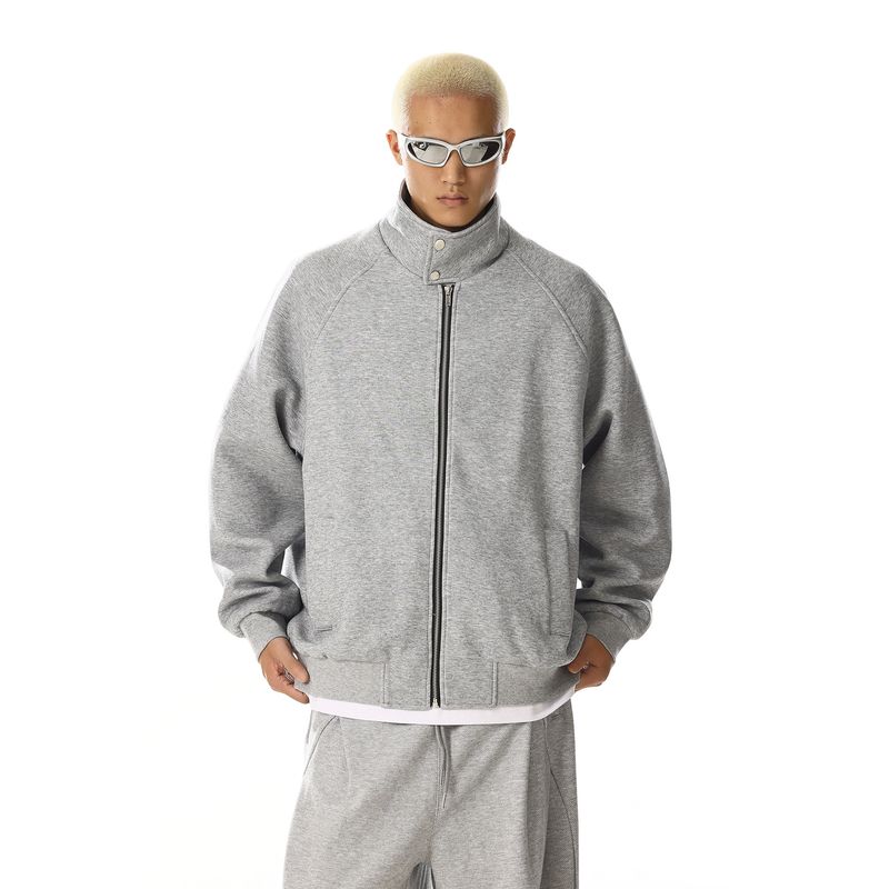 American vintage High Street Zip-up Stand Collar Cardigan Outerwear Men's and Women's Simple Commuter All-Match Loose Sports Hoodie Top