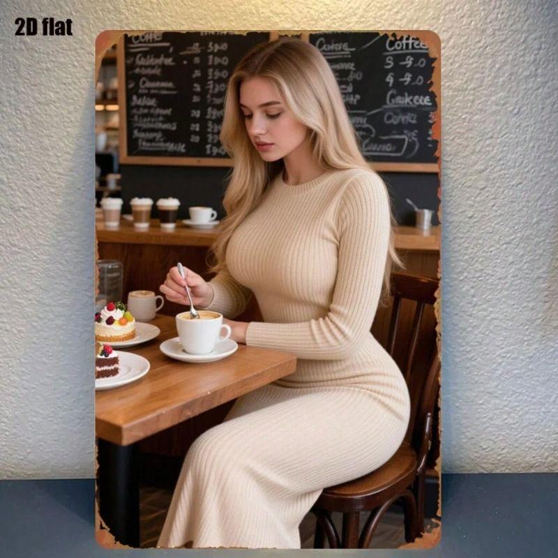 Vintage Elegant Lady With Dessert Metal Sign Rustic Kitchen Wall Decor 8x12 Inch Black Tin Plaque