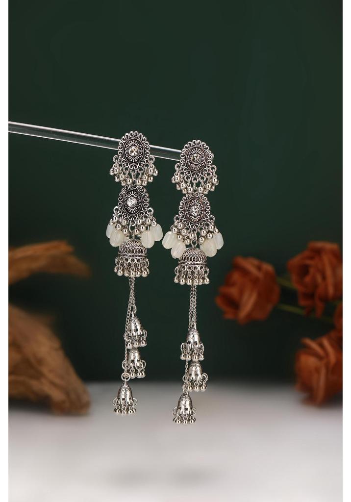 Antique Indian-Style Rhinestone Oval Bell String Long Earrings