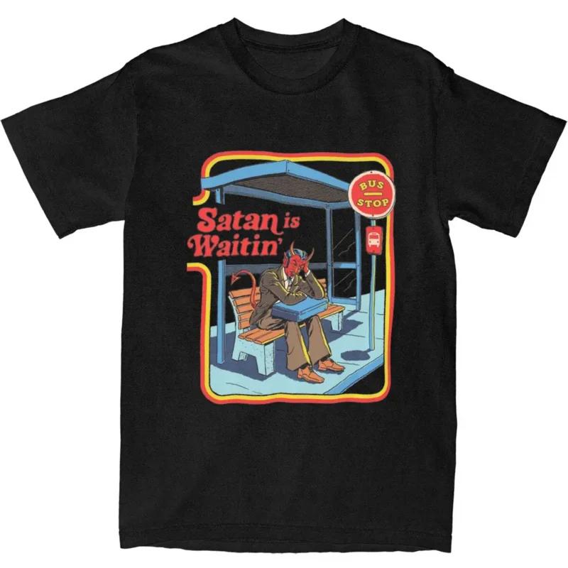 Satan Is Waiting Funny Vintage Dark Art Men Women's T Shirts Humor Pulp Art Apparel Novelty Tees T-Shirts Clothing