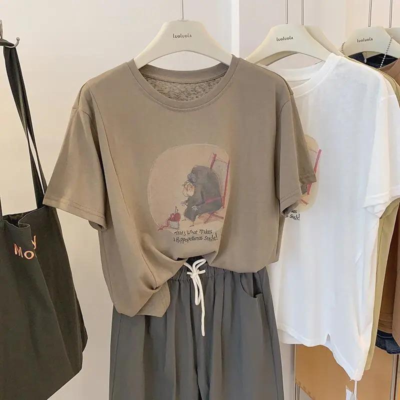 Women's Casual Abstract Figure Print T-Shirt Loose Fit Rolled Short Sleeve Crew Neck Summer Top