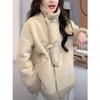 Women's Lamb Wool Coat with Cow Horn Buckle - Thick, Warm, Casual Winter Jacket