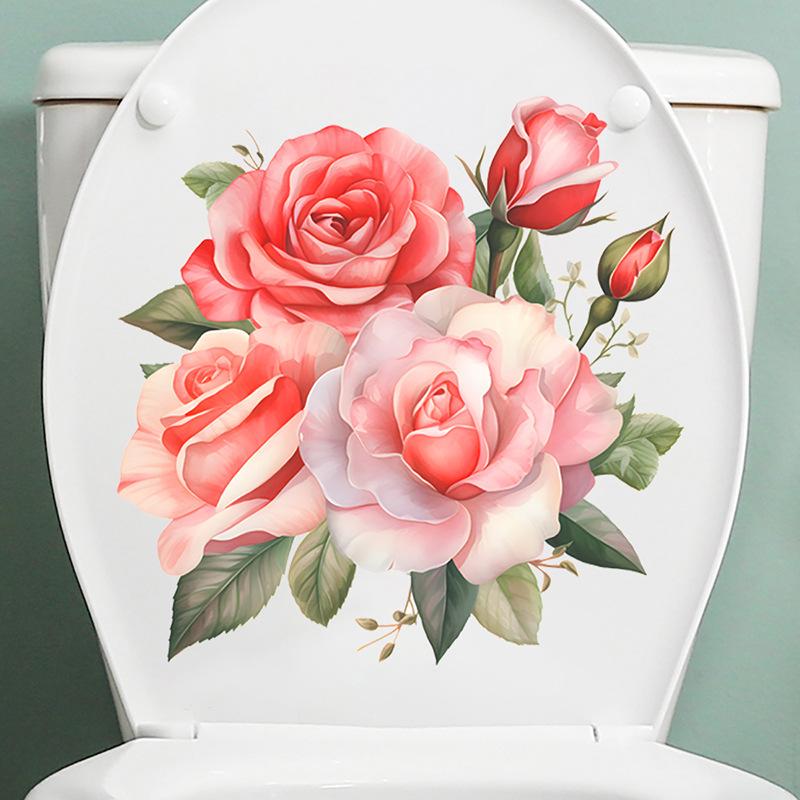 Elegant Pink Rose Toilet Stickers, Waterproof Removable Decals for Bathroom Wall Decor, Self-Adhesive