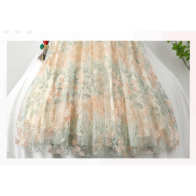 Summer Women Elegant High Waist Mesh Embroidery Flower Tulle Midi Skirt