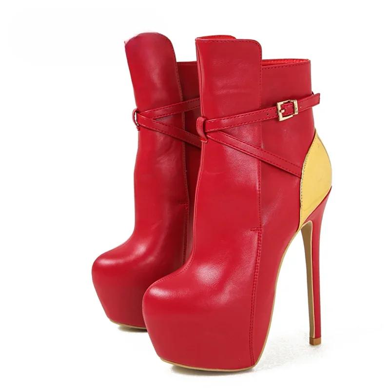 European and American 16CM High-heeled Waterproof Platform Belt Buckle Short Boots Classic Color Black and Red