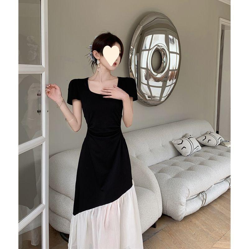 Large size short-sleeved dress for women's summer waist and thin splicing long dress, slightly contrasting skirt