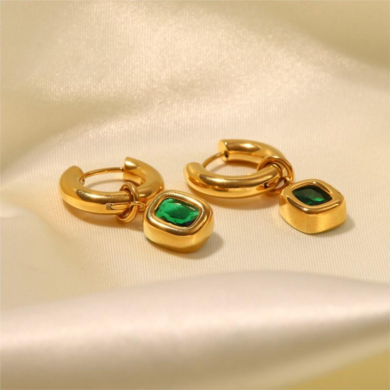 Stainless Steel Green Zircon Drop Hoop Earrings For Women Vintage Luxury Round Earrings Jewelry Accessory