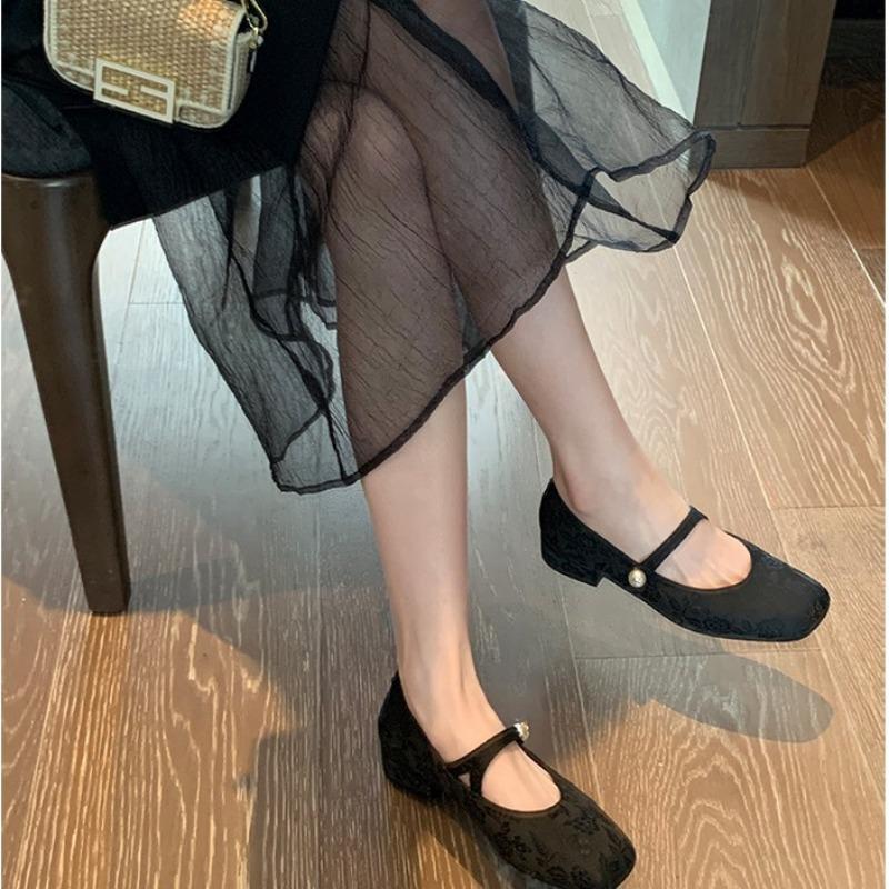 Fashion Flat Shoes for Women 2025 Spring and Autumn Pearl Square Toe Jacquard Mary Jane Women's Shoes
