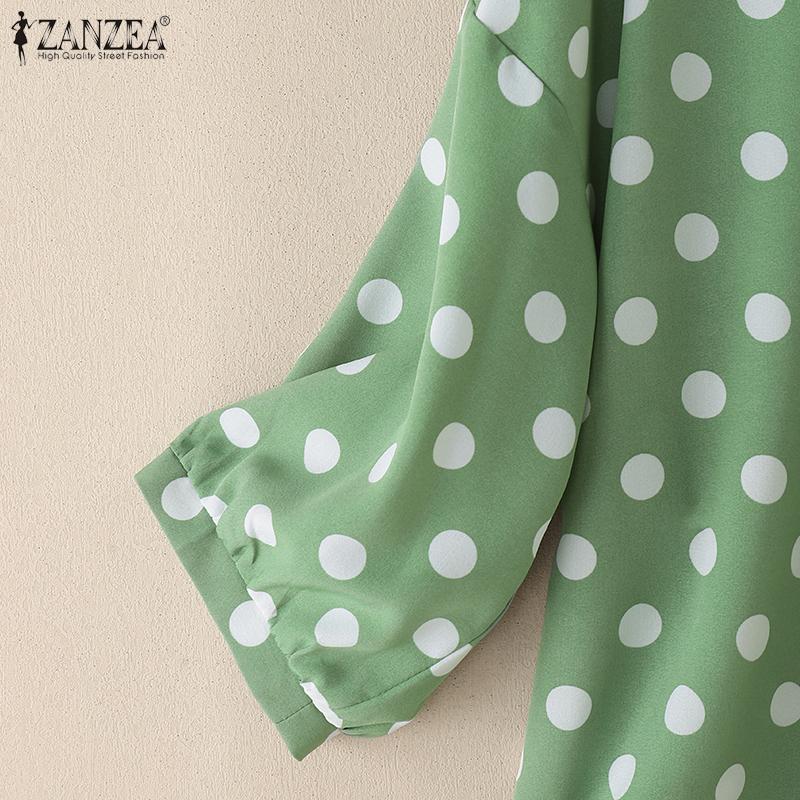 ZANZEA Women Casual Round Neck 3/4 Sleeve Loose Polka Dot Print Blouse