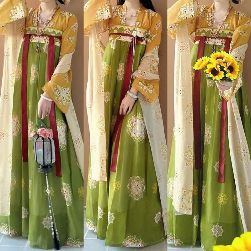 Traditional Chinese Tang Dynasty Style Hanfu Set Womens Wear Embroidered Printed Wrap Skirt Top With Scarf