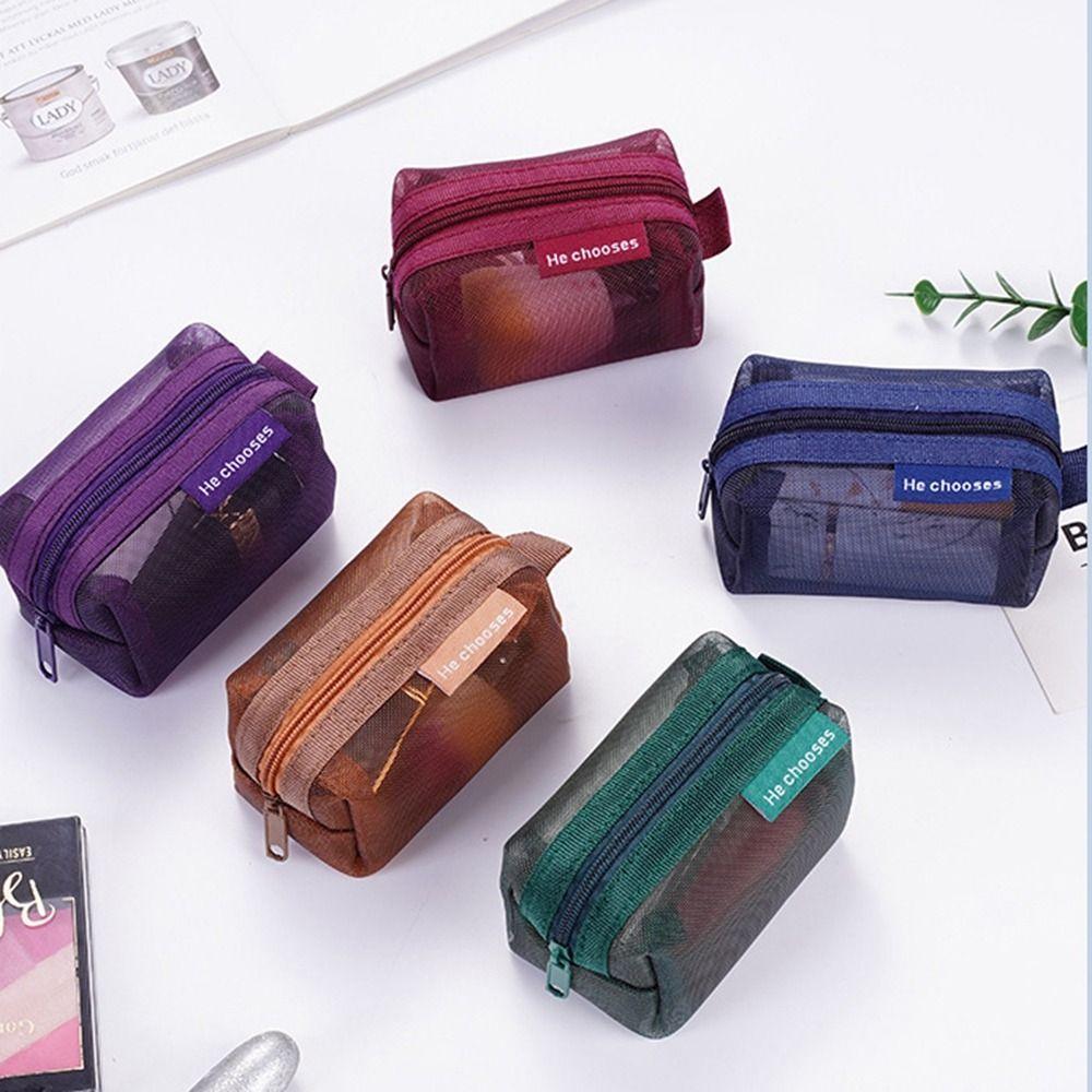 Zipper Mesh Makeup Bag Retro Color Toiletry Storage Bag Fashion Transparent Cosmetic Bag Lady