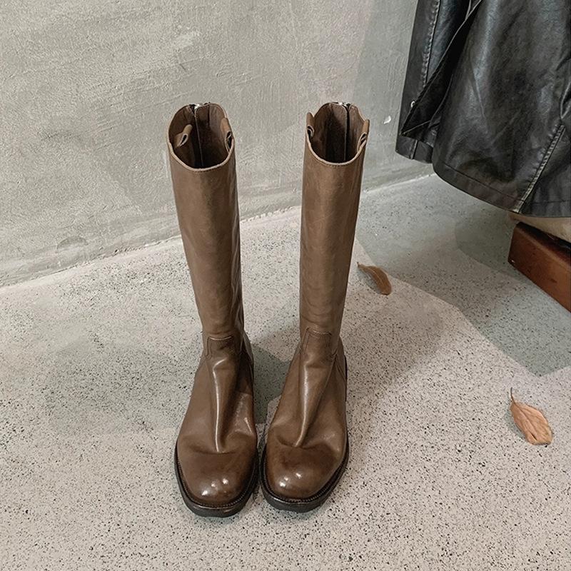 

Осень и зима новая кожа растительного дубления мытый грубый каблук молния высокие женские рыцарские сапоги 35