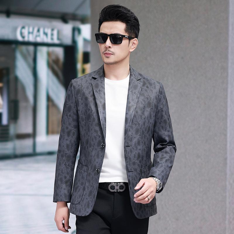 Spring and Autumn Genuine Leather Jacket Men's First Layer Cowhide Printed Suit Business Casual Men's Jacket Dad's Wear