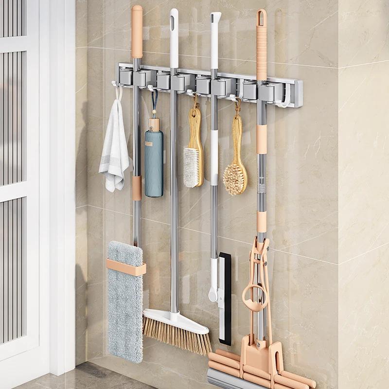 Household Products Bathroom No Drilling Powerful Mop Wall Mounted Clip Fixed Hook Broom Storage Rack