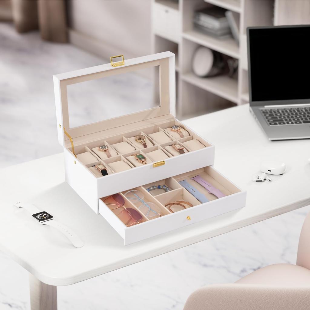 ProCase Boîte de Présentation Montres 12 Emplacements avec Boîte Montre avec Verre 2 Couches Support Organisateur de Rangement Bijoux Boîte Homme, Tiroir, Couvercle Homme,