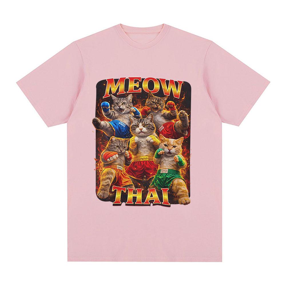 Meow Thai T-Shirt Muay Thai Katze Meme Ironisch Kampfsport Katze T-Shirts Herren Damen Sommer Mode Kurzarm Baumwolle T-Shirts