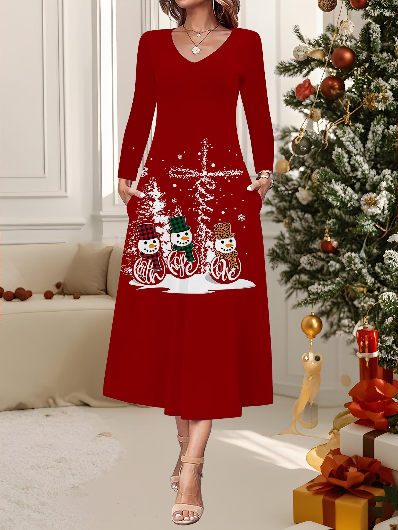 

2025 Осень и Зима Новое Женское Повседневное Модное Платье Принт 3D Снежинки Длинный Рукав V-образный Вырез А-силуэт Рождественский Подарок XXL красный