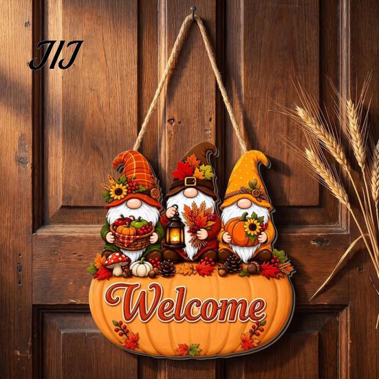 Durable Solid Wood Plaque Autumn Pumpkin Gnome Welcome Sign for Front Door, Rustic Hanging Thanksgiving Wall Ornament with Hemp Rope Fall Harvest Home