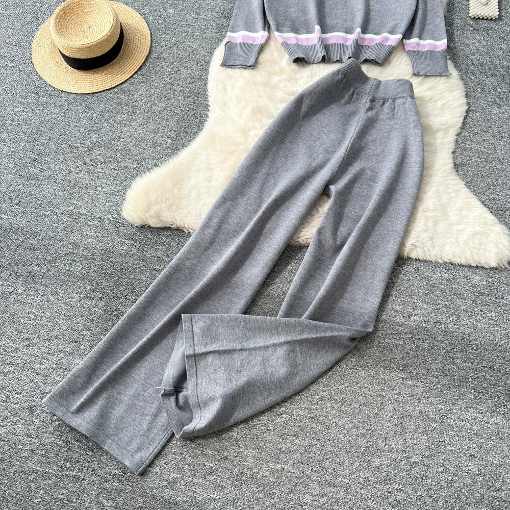 Herbst Winter Damen Lässig Gestrickter Pullover Hose Zweiteiler Langarm Pullover Oberteile und Weitbein Hose Trainingsanzug