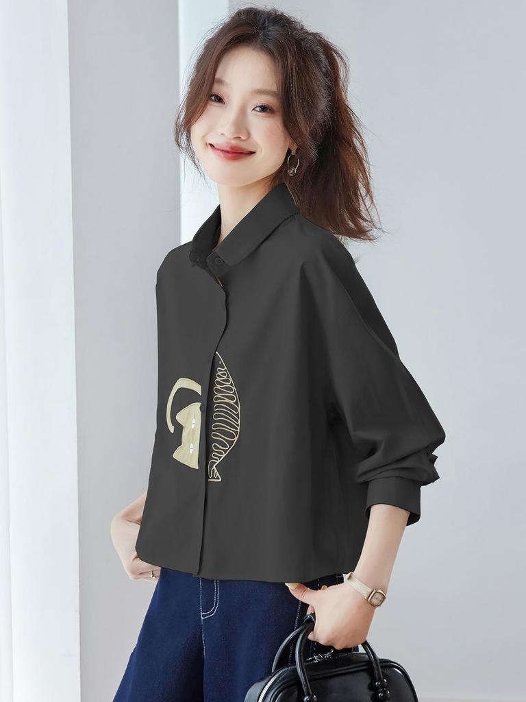 Damen besticktes Baumwollhemd - 2025 Frühher Herbst Lockerer Revers-Top, Altersminderndes Hübsches Langarm-Modedesign