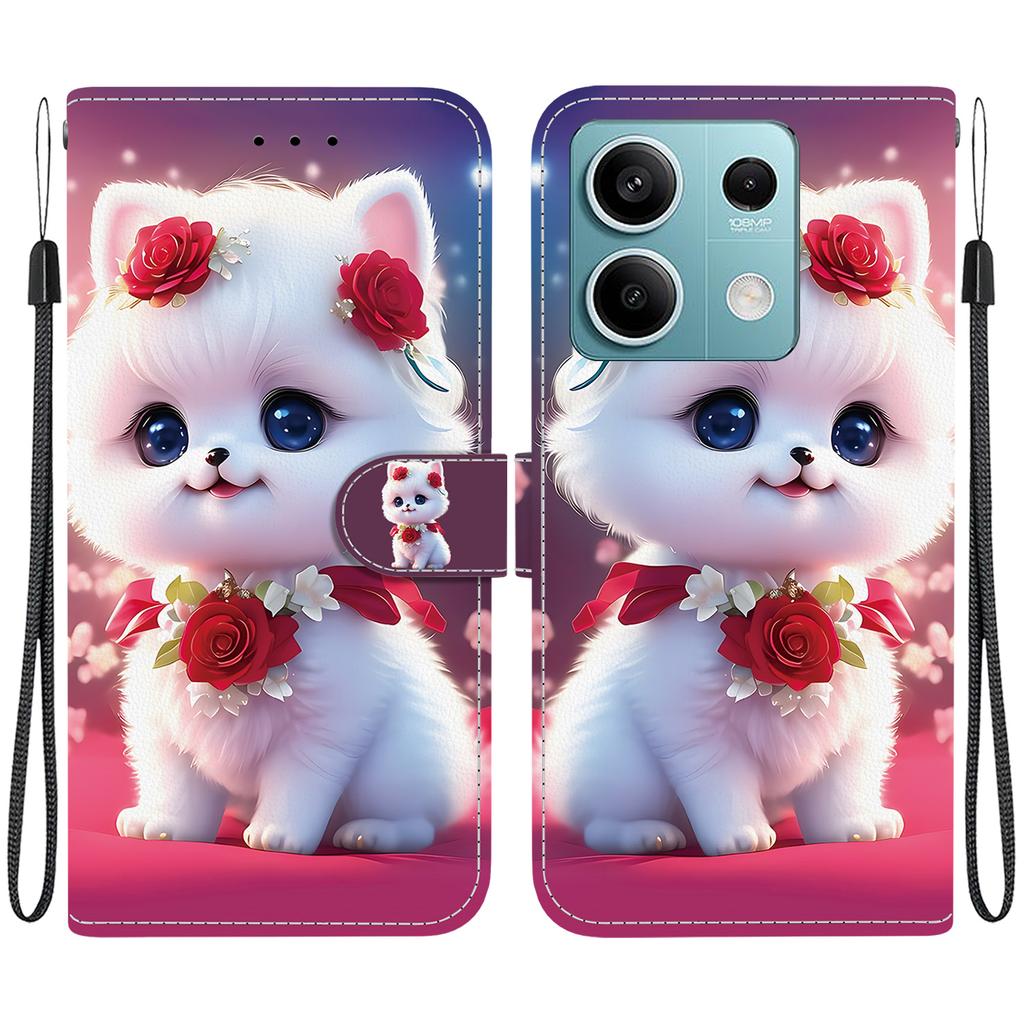 Handmade PU Leather Flip Case for Xiaomi Redmi Note 13 (5G) Anti-Slip Shockproof Cover with Wrist Strap & Heart/Rose Cat Designs