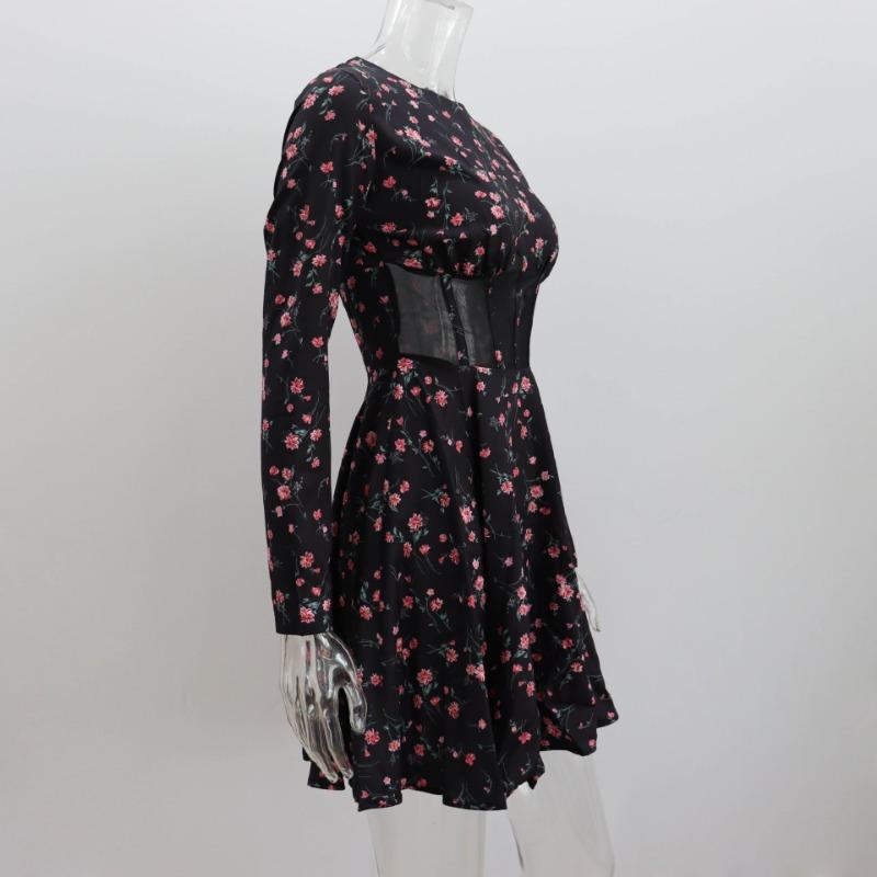 Women's Long Sleeved Summer Round Neck Floral Dress Sexy Mesh Hollow Out Short Skirt Hollow Out Patchwork Dress