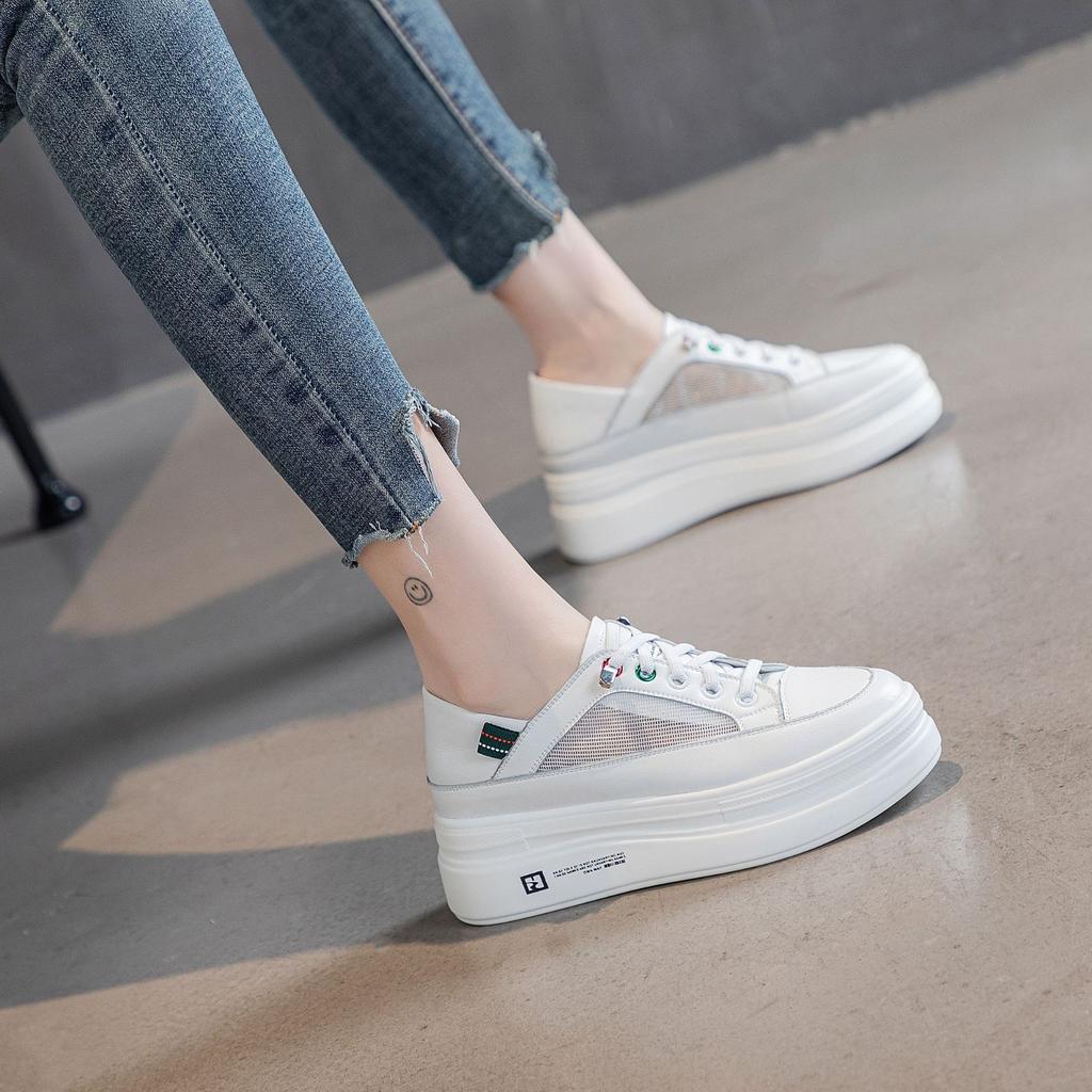 thick-soled little white shoes for women's new muffin shoes, board shoes, one pedal and two wear cowhide inner height-increasing women's single shoes