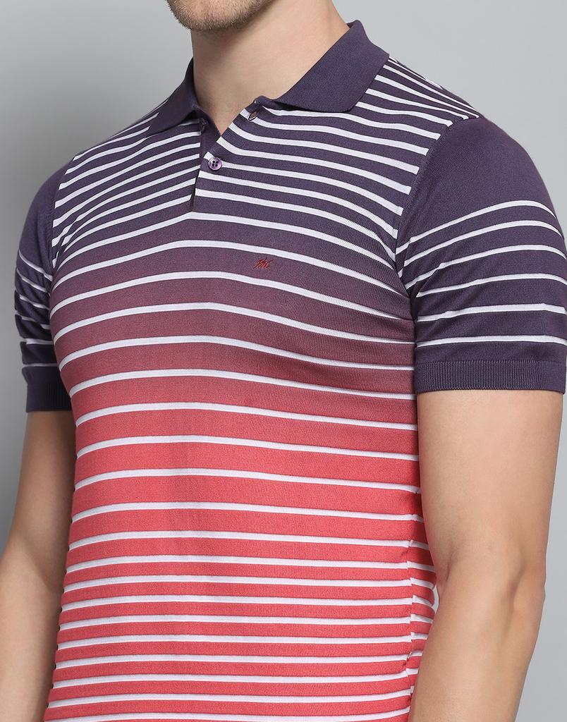 MONTE CARLO Mens Striped Purple Collar Neck Half Sleeve T-Shirt