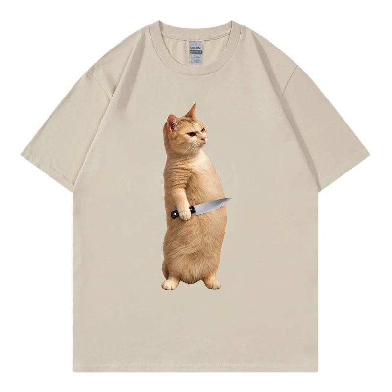Funny Cat With Knife Meme Tshirt Unisex Unisex Clothing High Street Fashion Trend Tshirts Summer Casual Loose Short Sleeve T Shirt