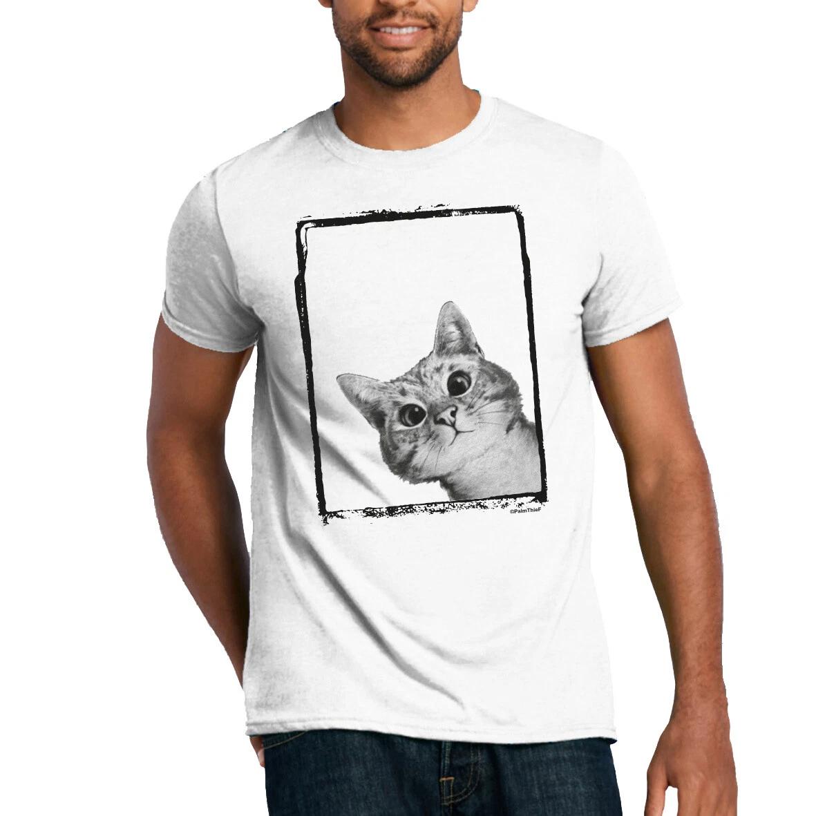 Peeping Cat T-Shirt Puss Tom Cat Pet Lover Cute Close Up Monochrome Animals XL