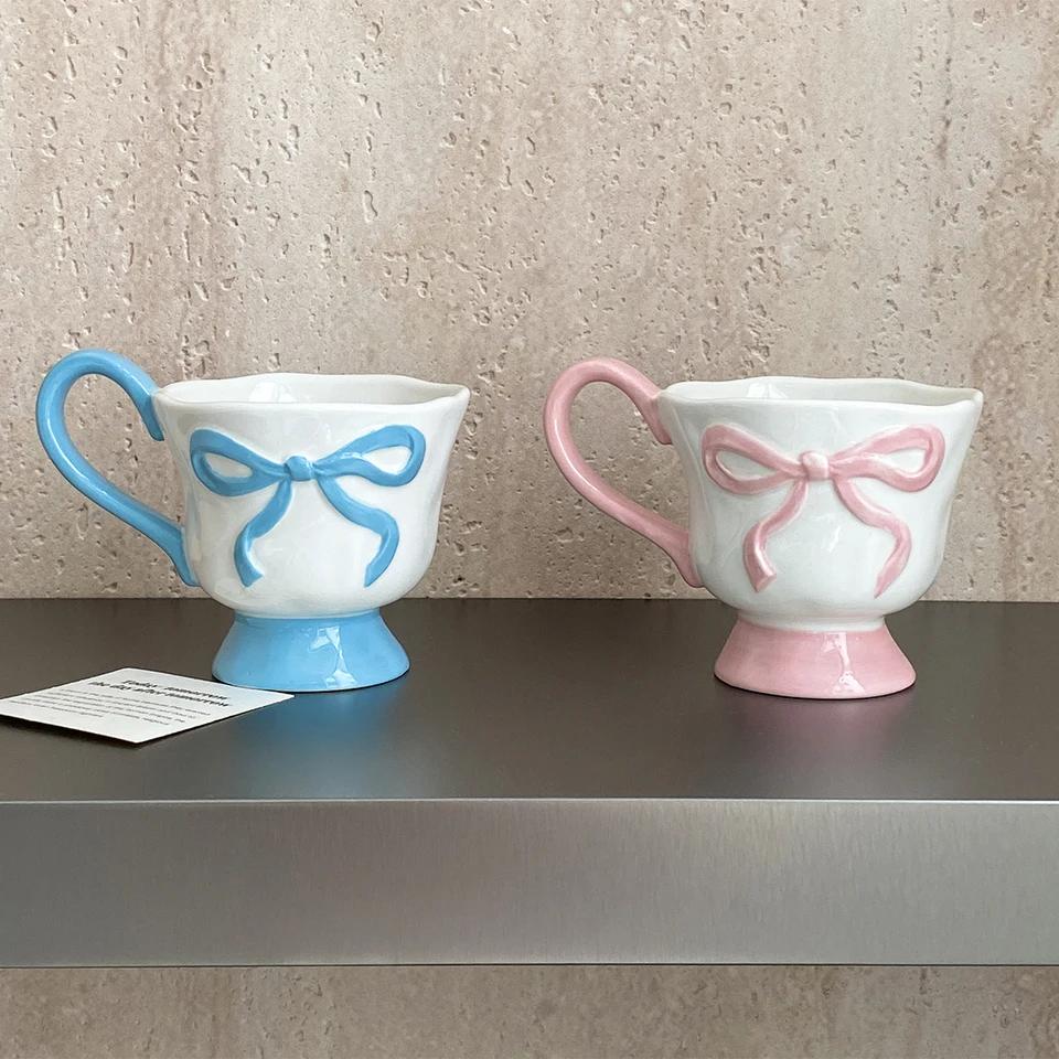 1Pc 350ml Ceramic Embossed Bow Mug Hand-Pinched Pattern Simple Morandi Color Tall Design for Coffee Oatmeal Yogurt-Holiday Gift