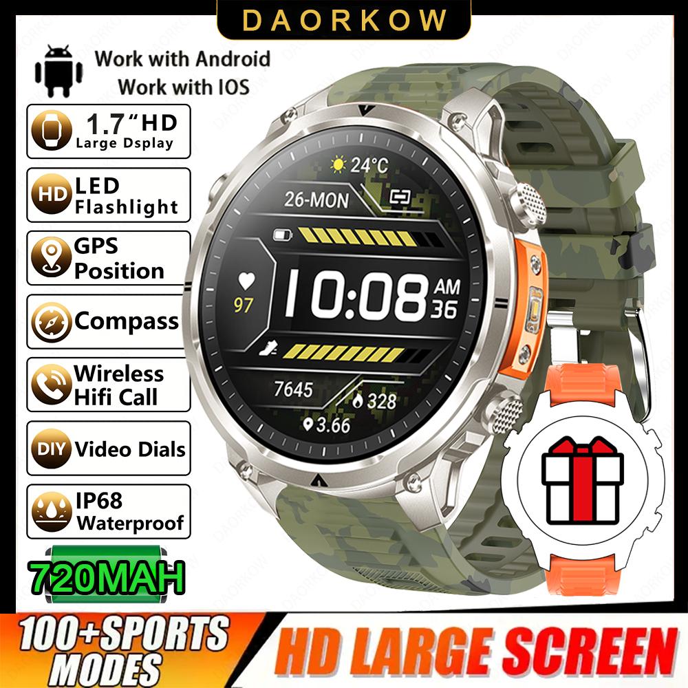 New Men GPS Smartwatch 1.7" HD Screen Military Call IP68 Waterproof 100 Sport Modes Smart Watch with 720mAh Large Battery