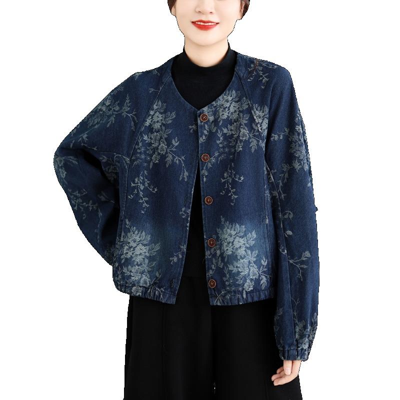 DIMANAF 2026 Autumn Winter Plus Size Women Denim Jackets Jeans Blue Coat Casual Long Sleeve Print Floral Loose Buttons Vintage Outwear