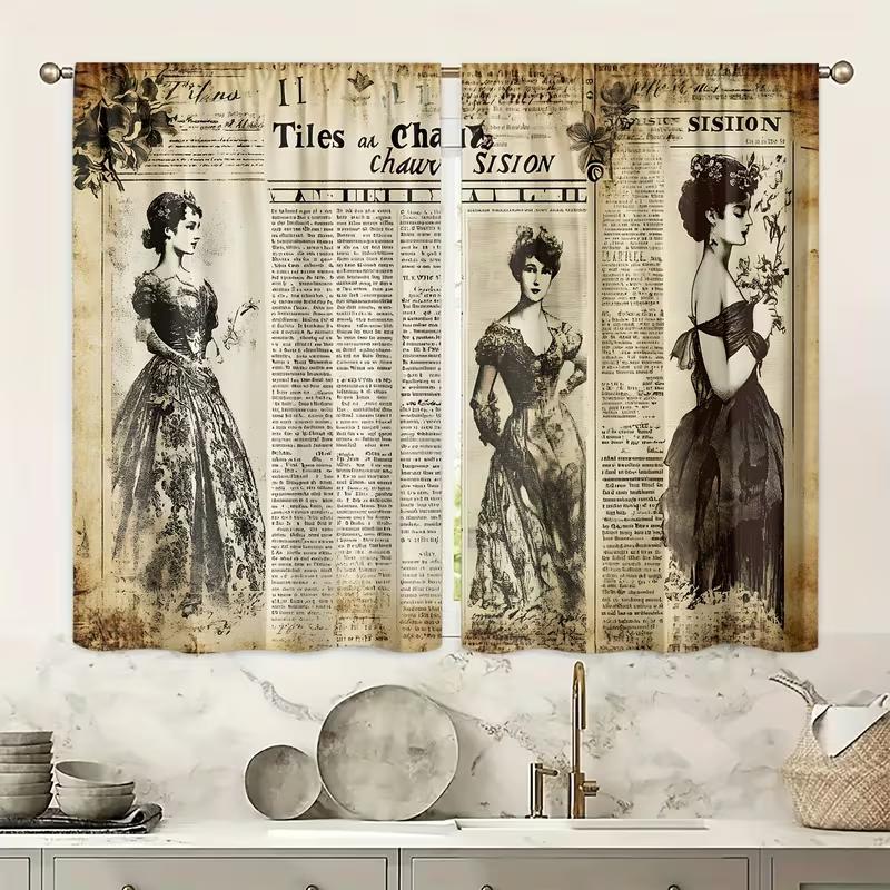 2PC Vintage Newspaper Victorian Lady Sheer Curtains - Retro French Fashion Print Window Drapes for Living Room Bedroom Decor