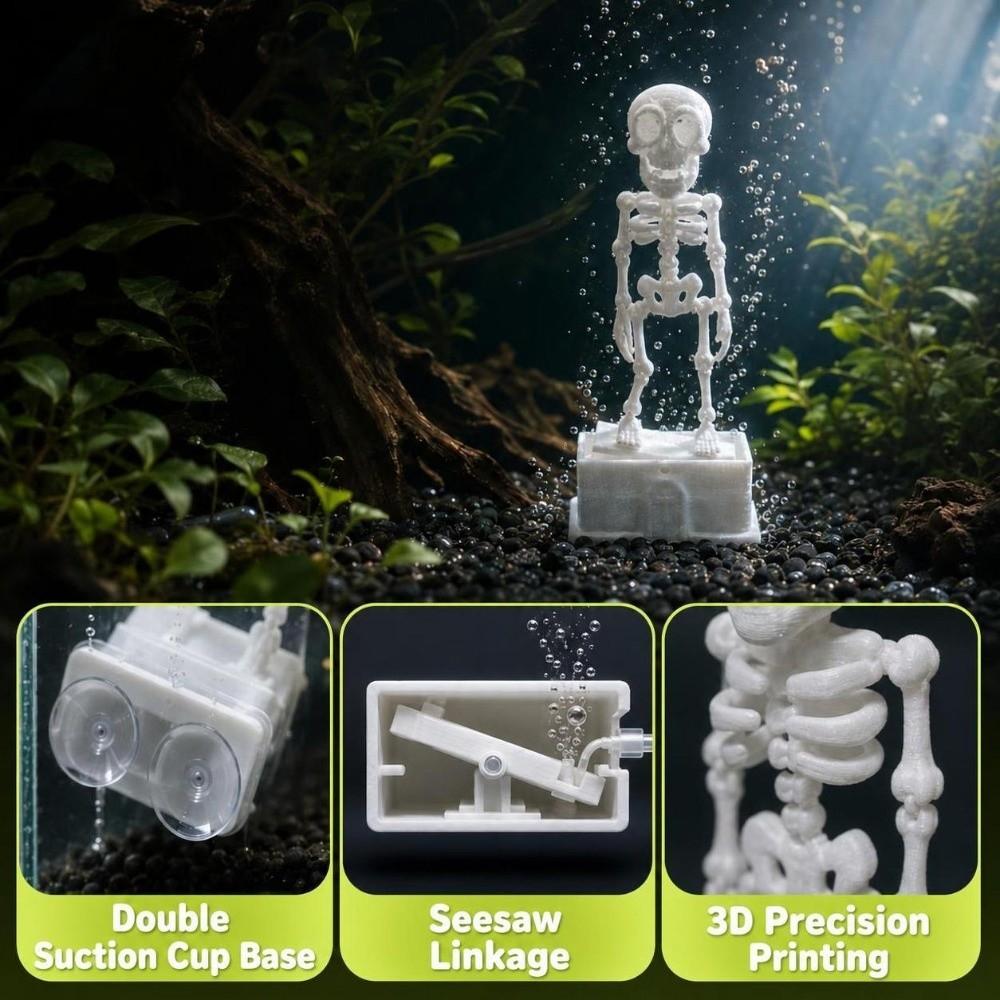 3D Printed Dancing Skeleton Aquarium Bubbler Gothic Air Driven Fish Tank Dance Skull Ornament with Air Tube Fish Tank Decoration