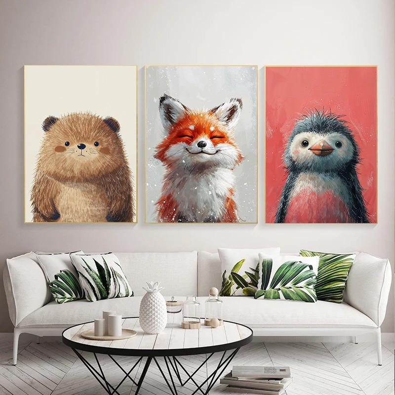 Cute interesting Colorful furry animals Poster Watercolor Print Canvas Painting Wall Art Picture Home Modern Kid Room Decoration