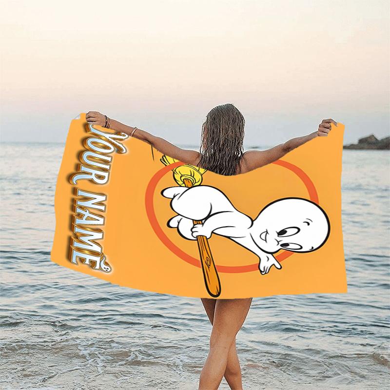 1pc Casper Beach Towel with Custom Name, Beach and Seaside Swimming Pool Equipment, Fashion Pattern, Rectangular, Travel Essential