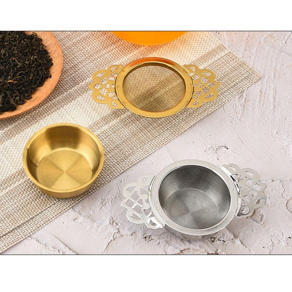 Stainless Steel Double Ear Tea Filter Easy Clean Fine Mesh Tea Infuser with Drip Bowl Flower/Long Handle Food-grade