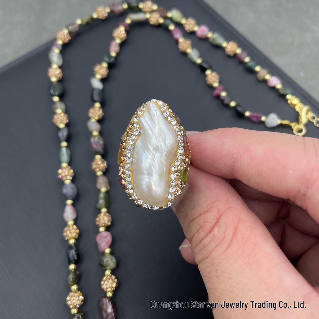 Baroque Pearl Tourmaline Freshwater Necklace Set with Irregular Pearls - High-end Three-piece Sweater Chain