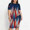 Women Plus Size Two Piece Skirt Set Round Neck Short Sleeve Printed Asymmetric Top Fitted Skirt Red Blue White