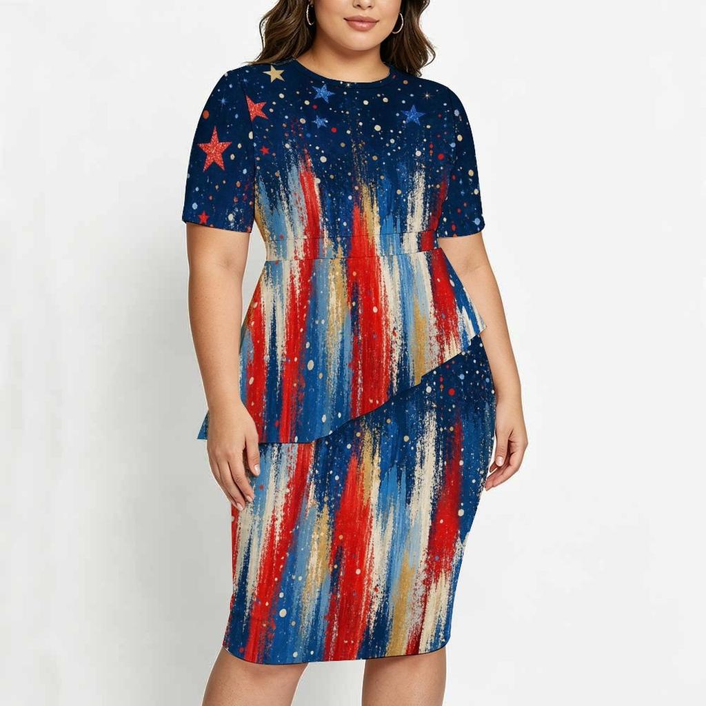 Women Plus Size Two Piece Skirt Set Round Neck Short Sleeve Printed Asymmetric Top Fitted Skirt Red Blue White