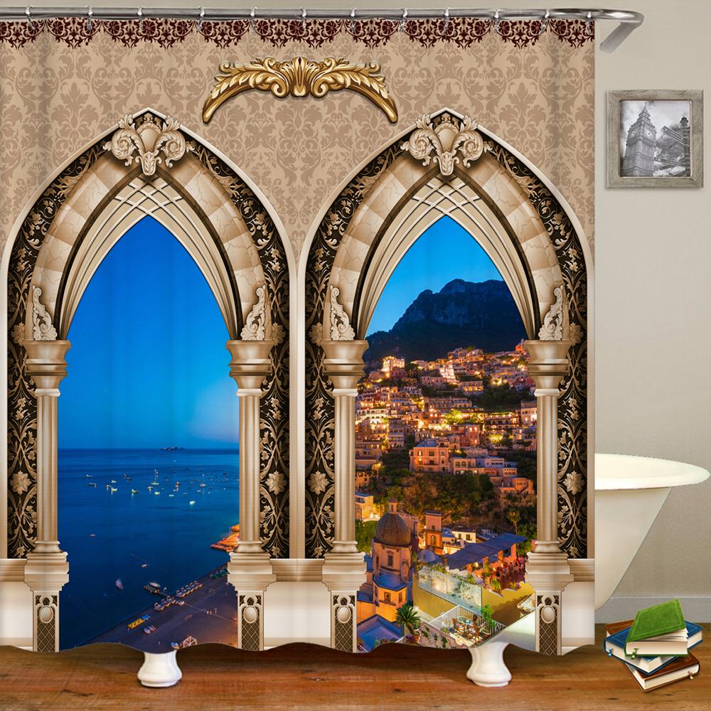 Bathroom Waterproof Shower Curtain Polyester 3D Nordic Moroccan Style Arch Landscape Printing Home Decoration Curtain With Hook