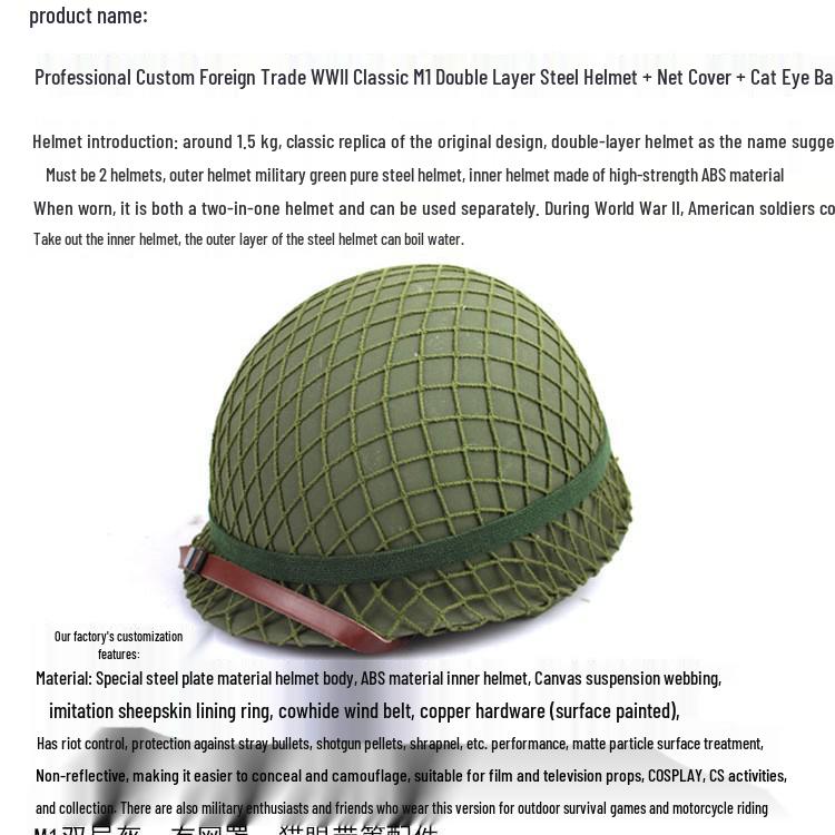 WWII M1 Classic Steel Helmet with Net Cover & Luminous Cat Eye Band - 3-in-1 Movie Prop Set