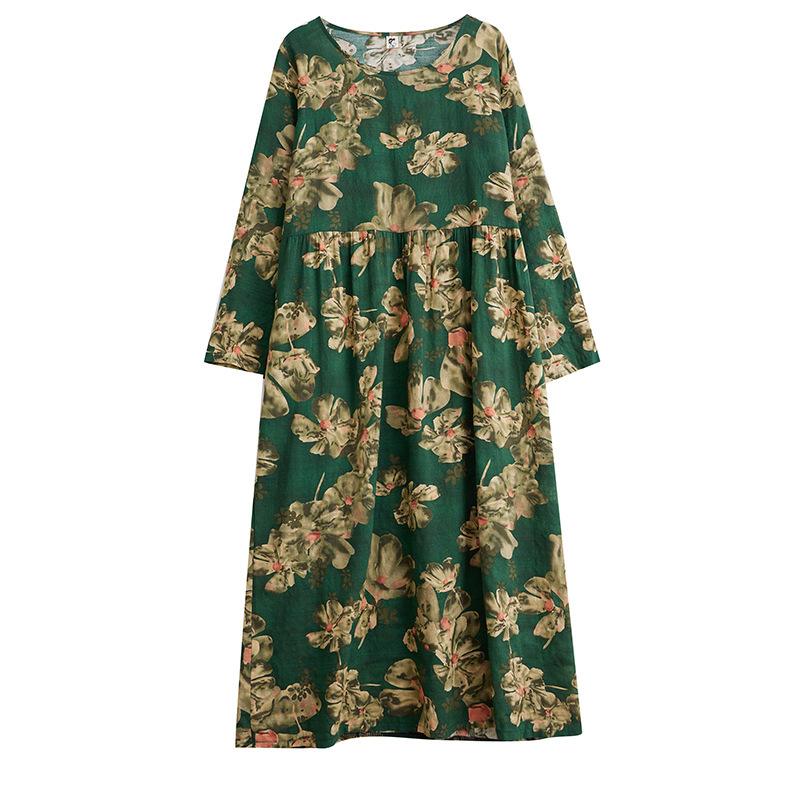 

Платье макси из хлопка и льна с узором для отпуска, весна-осень, для путешествий, винтажное, с круглым вырезом и длинным рукавом, для женщин L зелёный